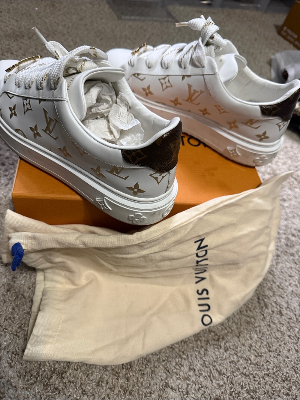 Louis Vuitton White and Brown Monogram Low-Top Sneakers